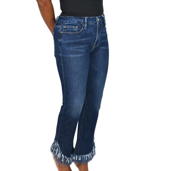 Frame Le Crop Mini Boot Jeans Blue Mid Rise Stretch Shredded Fringe Hem Size 29 - Picture 8 of 15
